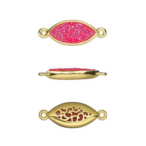 Link, Druzylite™, "druzy" (resin) and gold-finished brass, hot pink, 16x8mm two-sided marquise with open filigree back. Sold per pkg of 4.