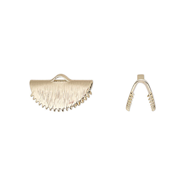 Ribbon crimp end, gold-finished brass, 15x7mm brushed fan. Sold per pkg of 10. image number 0