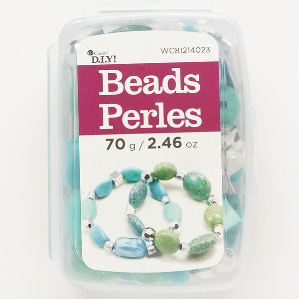 Bead mix 1pkg1 acrylic 6x5mm-30x24mm mixed shapes, blue / green / CCB silver 70 grams image number 0