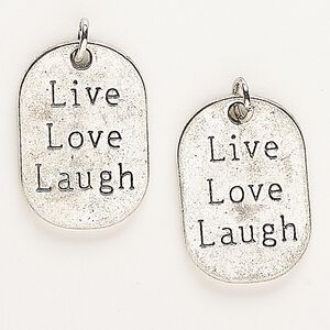 Drop, antique silver-finished "pewter" (zinc-based alloy) and steel, 26x18mm-27x19mm rounded flat rectangle with "Live Love Laugh." Sold per pkg of 2.