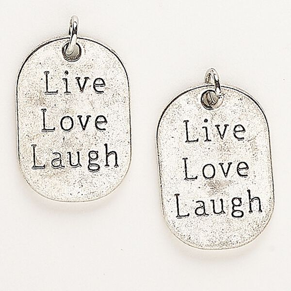 Drop, antique silver-finished "pewter" (zinc-based alloy) and steel, 26x18mm-27x19mm rounded flat rectangle with "Live Love Laugh." Sold per pkg of 2. image number 0