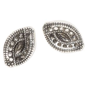 Component, acrylic, antique silver, 44x29mm double-sided beaded wavy marquise with rope edges and scroll design. Sold per pkg of 2.