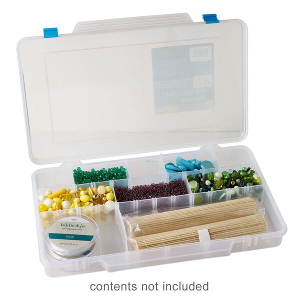 Organizer box, The Beadery®, 1pkg1, plastic, clear / blue, 14 x 9 x 1-3/4 inches with 3 to 28 adjustable compartments (2186). image number 1