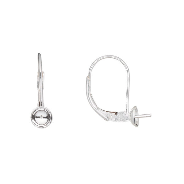 Ear wire, sterling silver, 18mm leverback with 5mm cup and 6mm peg, fits 6-8mm round bead. Sold per pair. image number 0
