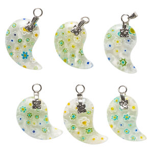 Drop, millefiori glass and silver-finished steel 1pkg6, clear and transparent multicolored, 23x18mm-24x20mm paisley.