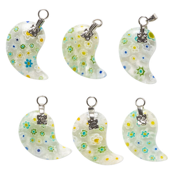 Drop, millefiori glass and silver-finished steel 1pkg6, clear and transparent multicolored, 23x18mm-24x20mm paisley. image number 0