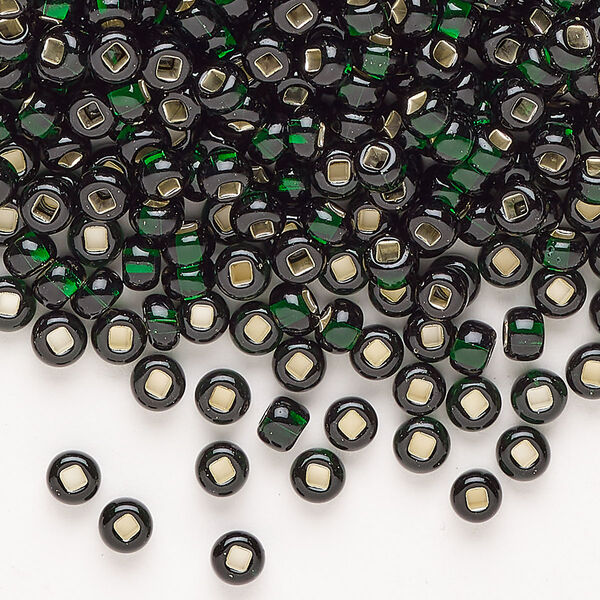 Glass 1pkg1, square hole round seed bead translucent silver-lined dark green #6 100g image number 0