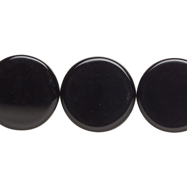 Bead, black onyx (dyed), 18mm flat round, B grade, Mohs hardness 6-1/2 to 7. Sold per 15-1/2" to 16" strand. image number 0