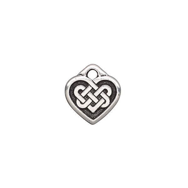 Charm, TierraCast®, antique silver-plated "pewter" (tin-based alloy), 13x12mm double-sided heart with Celtic knot. Sold per pkg of 20. image number 0