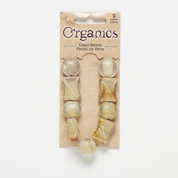 Bead, lampworked glass, clear / honey / light brown, 14-15mm puffed flat round and 19x14mm-20x15mm flat hourglass with swirls. Sold per pkg of 9. image number 0