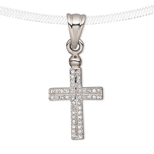 Pendant, Preciosa Czech glass rhinestone and silver plate pewter (tin-based alloy), clear, 24x16mm cross. Sold individually. image number 0