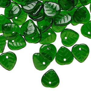 Bead 1pkg100, Czech pressed glass, emerald green, 9x8.5mm top-drilled leaf.