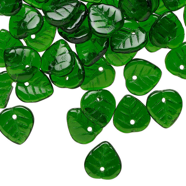 Bead 1pkg100, Czech pressed glass, emerald green, 9x8.5mm top-drilled leaf. image number 0