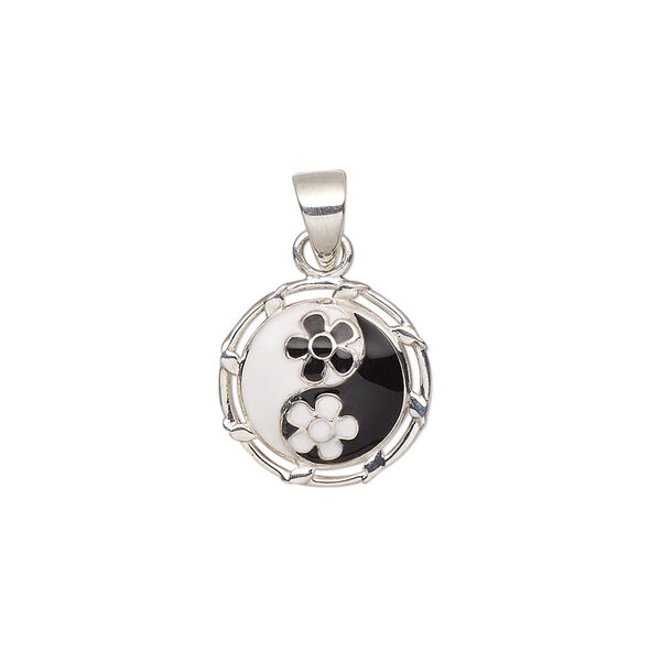 Pendant, sterling silver and enamel, black and white, 14mm single-sided domed round with yin-yang and flower designs. Sold individually. image number 0