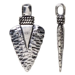 Pendant, antique silver-plated "pewter" (zinc-based alloy), 43x22mm double-sided hammered arrowhead. Sold individually.