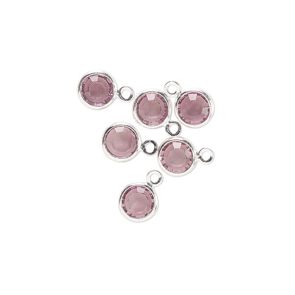 Drop, glass rhinestone and silver-finished brass, light amethyst, 6-6.5mm faceted round. Sold per pkg of 6. image number 0
