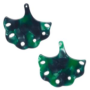 Charm, resin, green and dark green, 23x22mm ginkgo leaf with cutouts. Sold per pkg of 8.