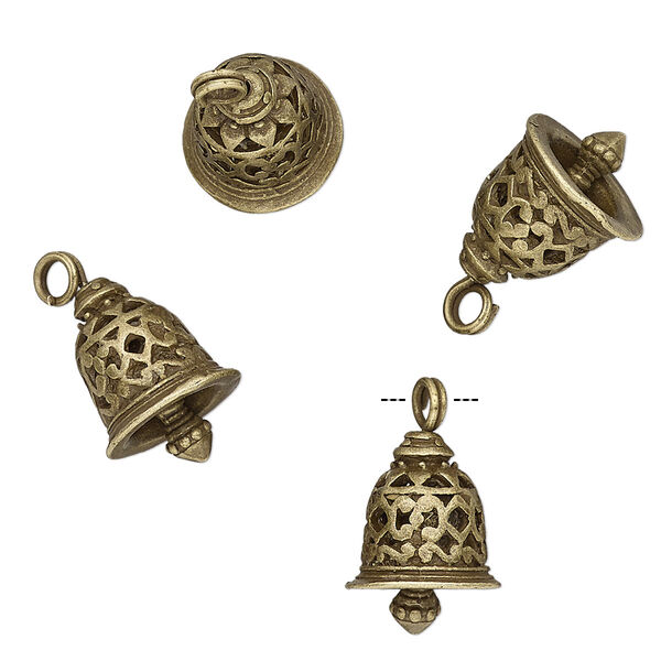 Charm, antique brass-finished "pewter" (zinc-based alloy), 16.5x12mm textured bell with cutout design. Sold per pkg of 4. image number 0
