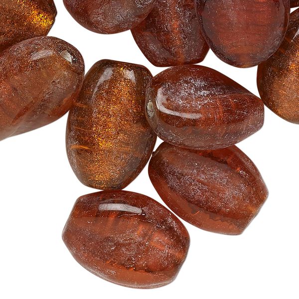 Bead, lampworked glass, translucent red-orange, 18x13mm-19x15mm twisted flat oval with copper-colored glitter. Sold per pkg of 25. image number 0