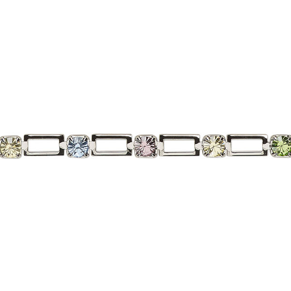 String chain, VINTAGE Crystal™, imitation rhodium plate brass, mixed colors, 3.2mm open rectangle. Sold per 1-meter section. image number 0