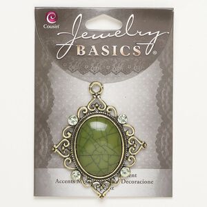 Focal, acrylic, pkg/1, antique gold finish/green/light green, 53x48mm fancy oval.