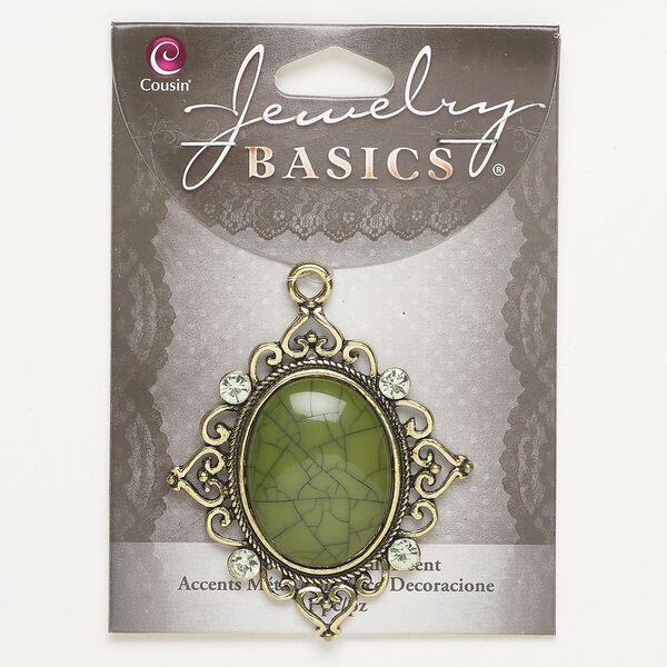 Focal, acrylic, pkg/1, antique gold finish/green/light green, 53x48mm fancy oval. image number 0