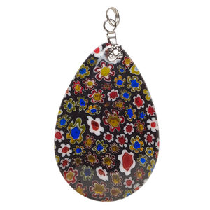 Focal, millefiori glass and silver-finished steel 1pkg1, opaque and translucent black / red / multicolored, 47x30mm-48x33mm puffed teardrop.