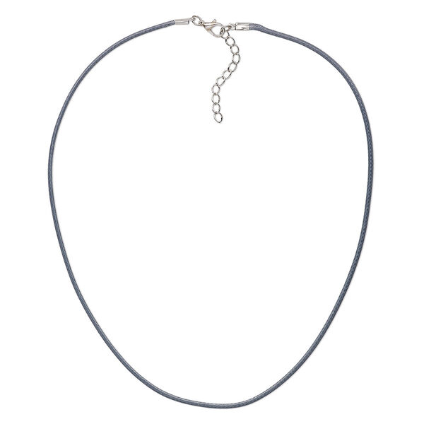 Necklace cord, imitation leather with imitation rhodium-finished steel and "pewter" (zinc-based alloy), dark grey, 2mm wide, 20 inches with 1-1/2 inch extender chain and lobster claw clasp. Sold per pkg of 10. image number 0