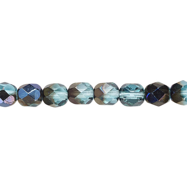 Bead, Czech fire-polished glass, teal blue iris, 6mm faceted round. Sold per 15-1/2" to 16" strand. image number 0
