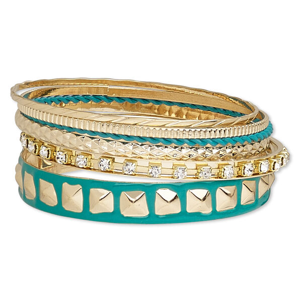 Bracelet, bangle, enamel / glass rhinestone / gold-finished steel, teal green and clear, 2-12mm wide, 8 inches. Sold per 6-piece set. image number 0