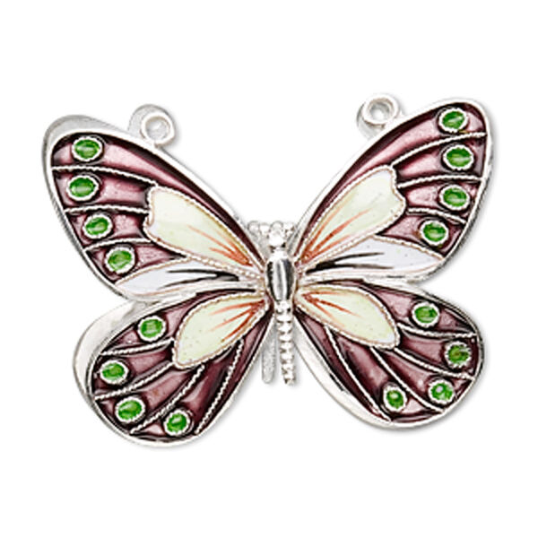 Focal, cloisonné, sterling silver and enamel, purple and multicolored, 36x27mm butterfly. Sold individually. image number 0