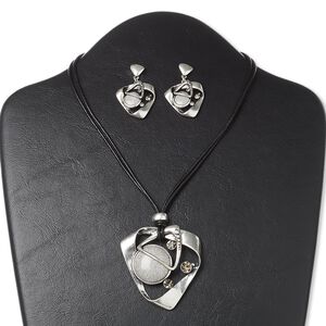 Necklace and earring set, 2-strand, resin / leather (dyed) / antiqued silver-finished steel and "pewter" (zinc-based alloy), black / grey / smoke, 57x53mm twisted triangle, 16 inches with 3-inch extender chain and lobster claw clasp, 1-5/8 inch earrings with post. Sold per set.