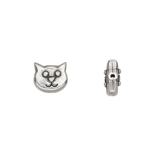 Bead, TierraCast®, antiqued pewter (tin-based alloy), 10x8.5mm double-sided cat face. Sold per pkg of 2. image number 0