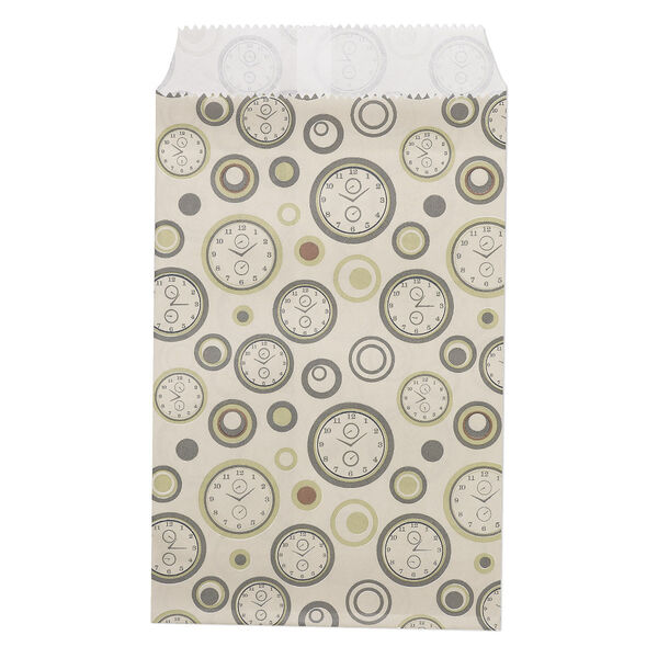 Bag, paper, green / grey / brown, 6x4 inches with clock design and scalloped top edge. Sold per pkg of 100. image number 0