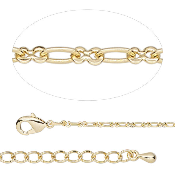 Chain, gold-finished steel and brass, 1.7mm figure 8, 7-1/2 inches with 2-inch extender chain and lobster claw clasp. Sold individually. image number 0