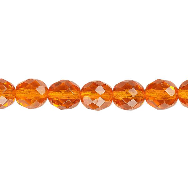 Bead, Czech fire-polished glass, transparent orange, 8mm faceted round. Sold per 15-1/2" to 16" strand, approximately 50 beads. image number 0