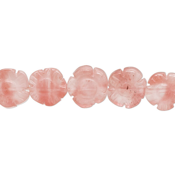 Bead, cherry "quartz" glass, 10mm carved flat flower with 0.6-0.8mm hole. Sold per 15-1/2" to 16" strand. image number 0