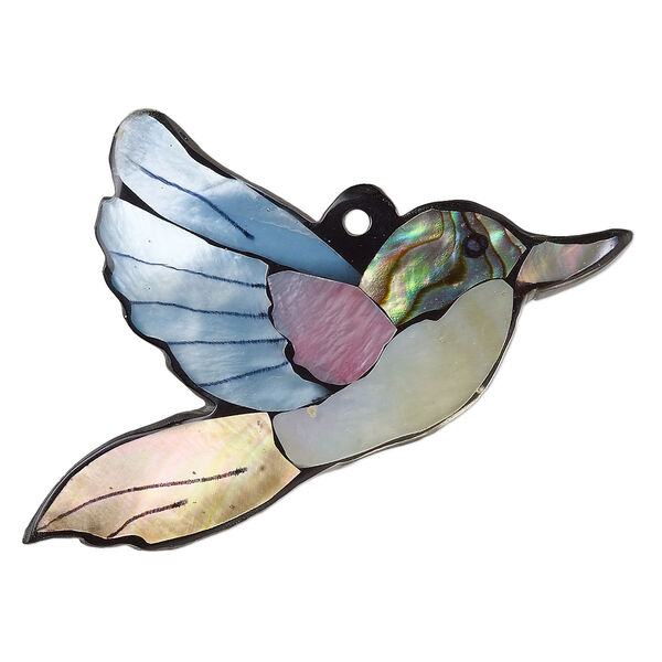 Focal, multi-shell (assembled) and resin, multicolored, 54x34mm-55x35mm single-sided flat hummingbird. Sold individually. image number 0