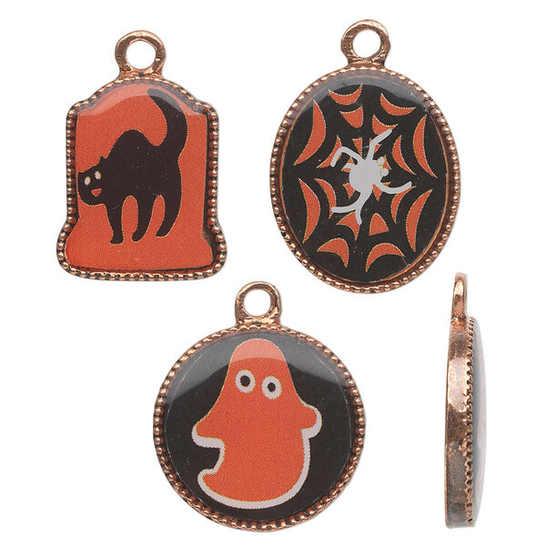 Charm, acrylic and antique copper-finished "pewter" (zinc-based alloy), black / white / orange, 17mm flat round with ghost / 18x15mm flat oval with spider / 17x14mm tombstone with cat. Sold per 3-piece set. image number 0
