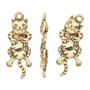 Charm, antique gold-plated pewter (tin-based alloy), 29.5x13mm single-sided cat with moving head and tail. Sold individually.