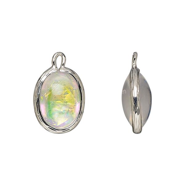 Drop, Opalized Ice™, "opal" (resin) and imitation rhodium-finished brass, opaque white, 16x12mm double-sided oval .Sold per pkg of 4. image number 0