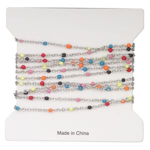 Chain, stainless steel and enamel, multicolored, 1.7mm flat cable with 2mm ball. Sold per pkg of 5 feet.