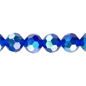 Bead 1pk 32 facets translucent cobalt blue AB, Celestial Crystal® 10mm round 15.5-16 inch
