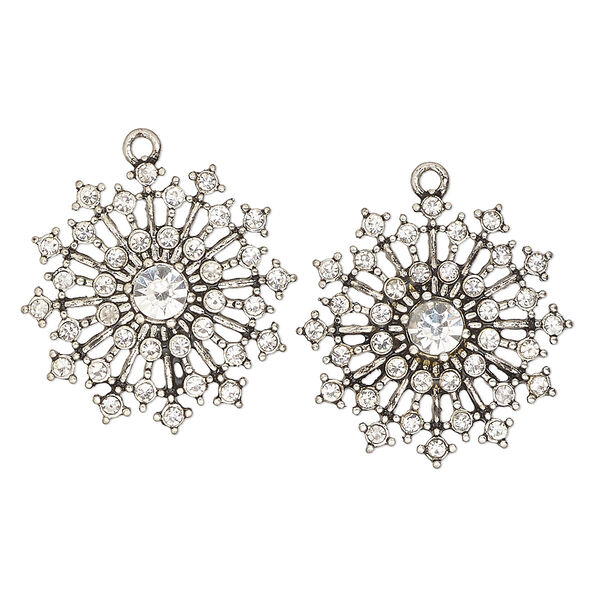 Charm, antique silver-finished "pewter" (zinc-based alloy) and glass, clear, 27mm single-sided snowflake. Sold per pkg of 2. image number 0