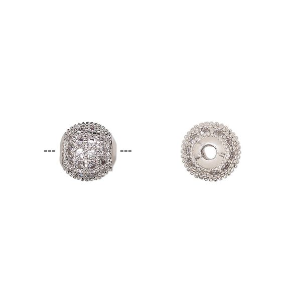 Bead, cubic zirconia and silver-finished brass, clear, 8mm textured round. Sold individually. image number 0