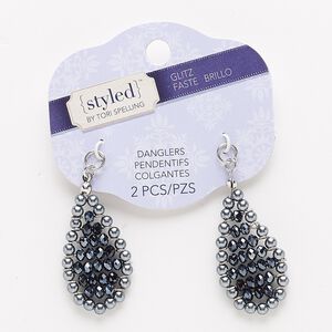 Drop, glass / glass pearl / silver-finished "pewter" (zinc-based alloy), black luster and grey, 43x24mm teardrop. Sold per pkg of 2.