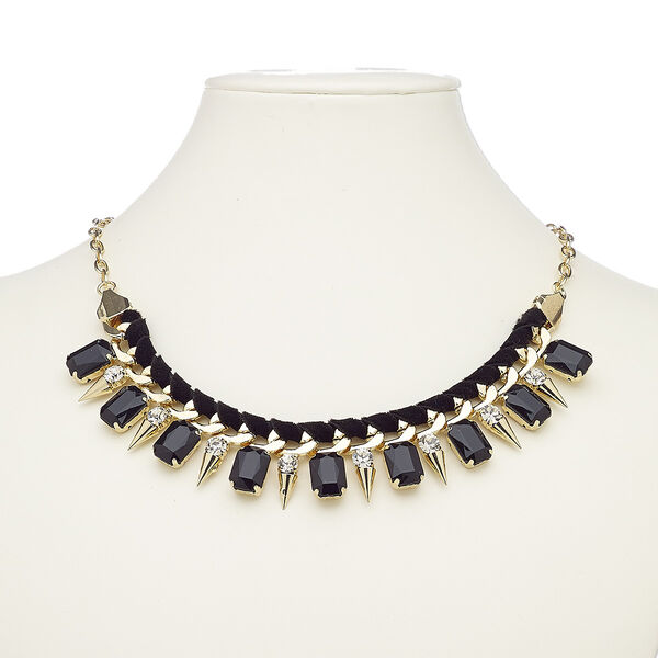 Necklace, acrylic / glass rhinestone / velveteen / gold-finished steel / "pewter" (zinc-based alloy), black and clear, spike, 18 inches with 2-inch extender chain and lobster claw clasp. Sold individually. image number 0