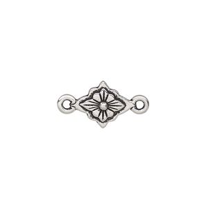 Link, TierraCast®, antique silver-plated pewter, 12x10mm double-sided scalloped diamond with reina flower design. Sold per pkg of 2.