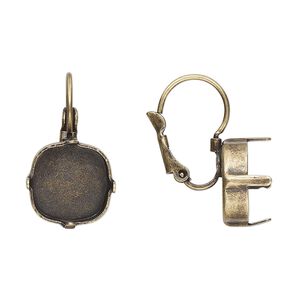 Ear wire leverback 1pkg2 JBB findings antique brass-plated, 21mm / 12mm cushion 4-prong setting, brass 1 pair