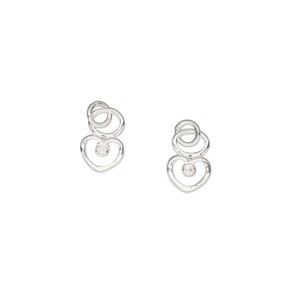 Charm, sterling silver and cubic zirconia, clear, 6.5x5mm single-sided open heart with 4mm closed round loop. Sold per pkg of 2. image number 0